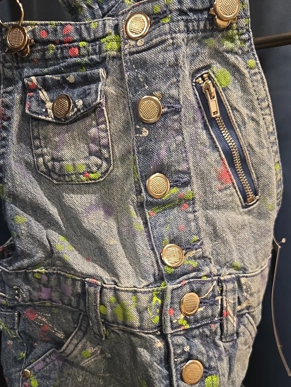 Girls Denim Paint-Splatter Short Overalls - Blue with Neon Accents